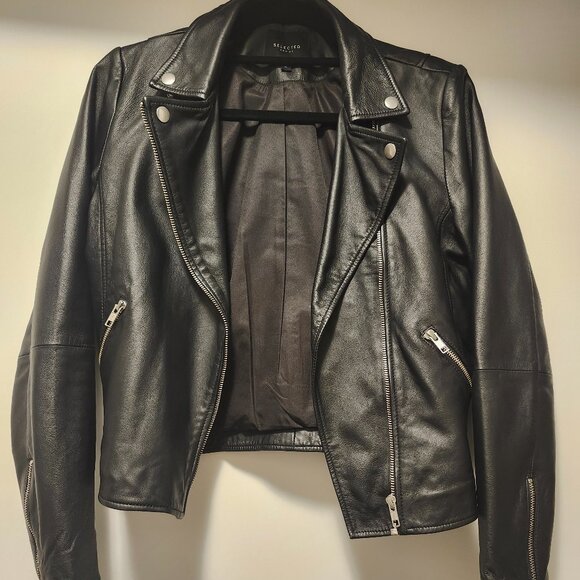 BNWOT Selected black genuine leather moto jacket | size 36 / US 4 - Picture 2 of 7